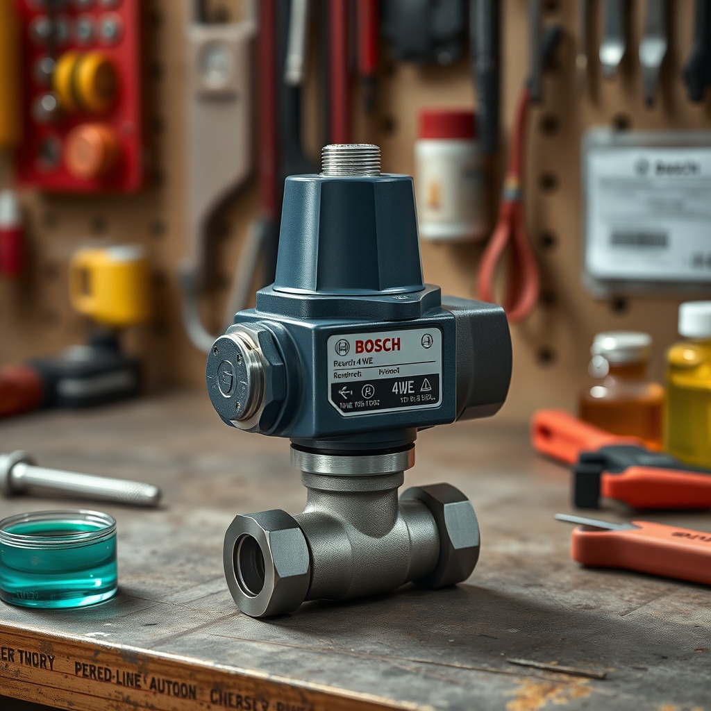 <clean photorealistic photo/illustration of a Bosch Rexroth 4WE valve on a workbench