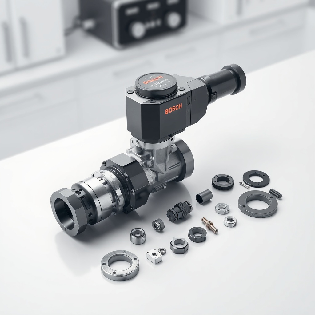 <clean photorealistic photo/illustration of a disassembled Bosch Rexroth 4WE valve with pa