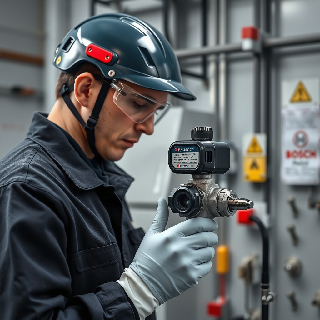 <clean photorealistic photo of a technician wearing protective gear and preparing a Bosch