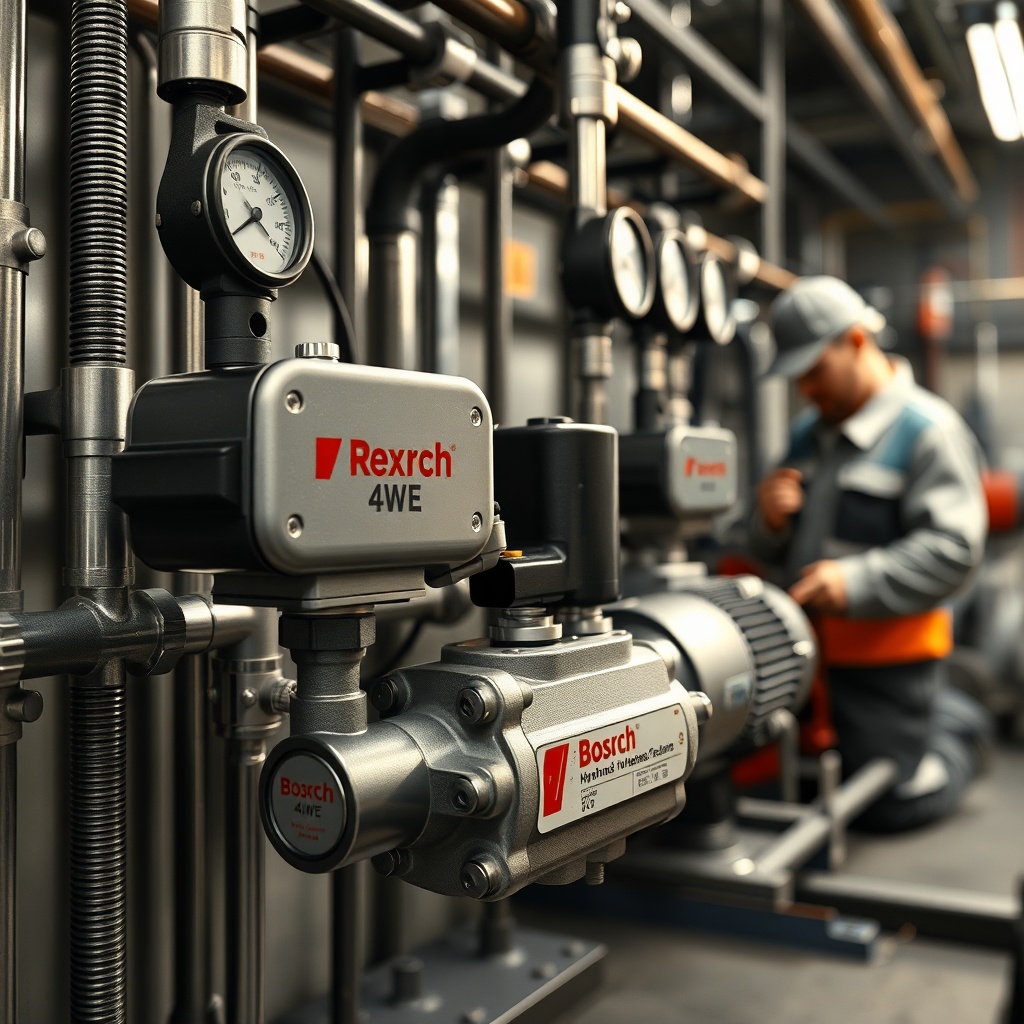 <clean photorealistic photo of a hydraulic system with a Bosch Rexroth 4WE valve in the fo