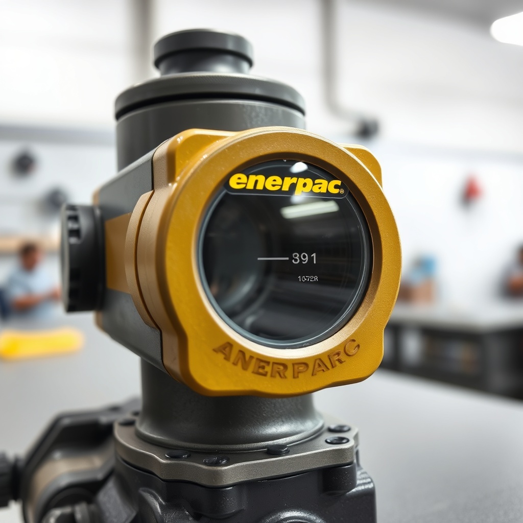 A photorealistic close-up photo of an Enerpac P391 hydraulic pump’s oil sight glass with o