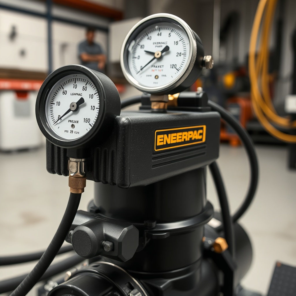 A close-up photo of an Enerpac P391 hydraulic pump being connected to a pressure gauge and