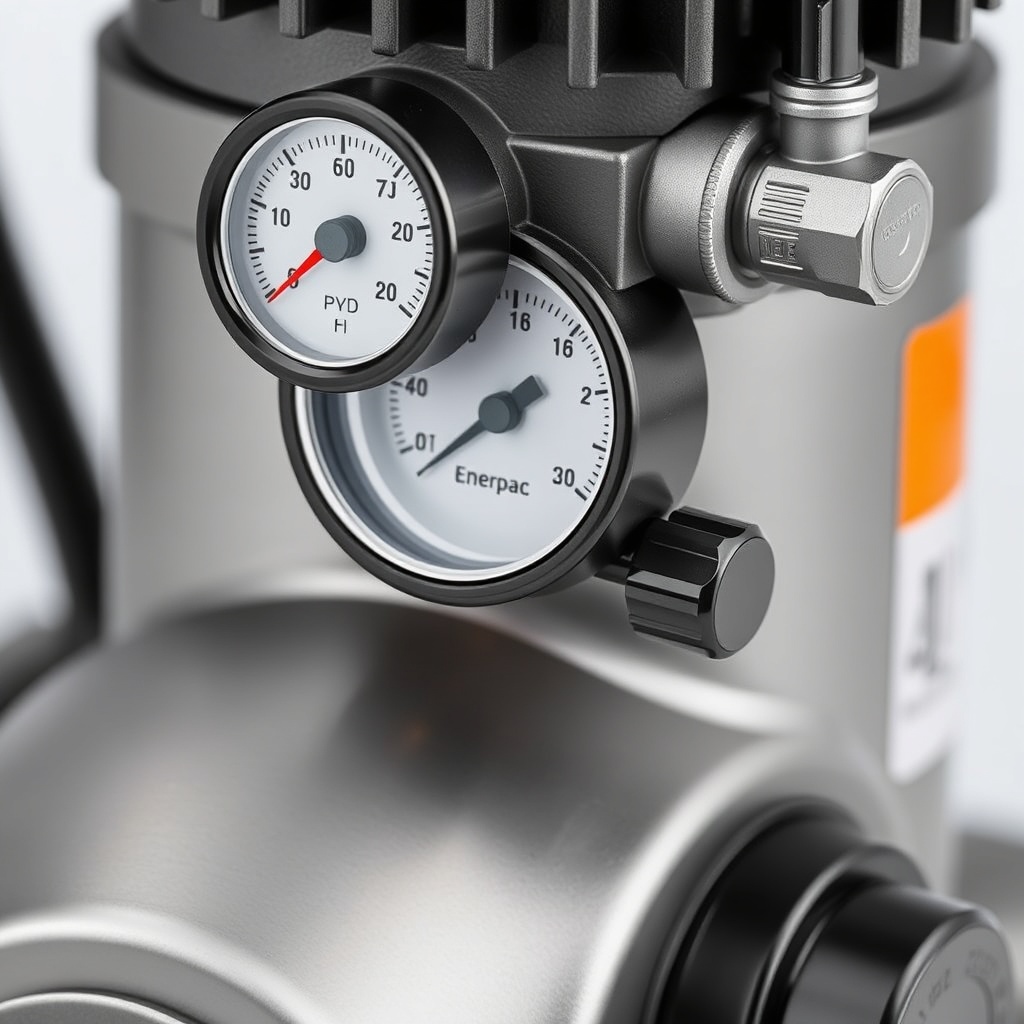 Close-up of Enerpac P391 hydraulic pump showing pressure gauge and control valve