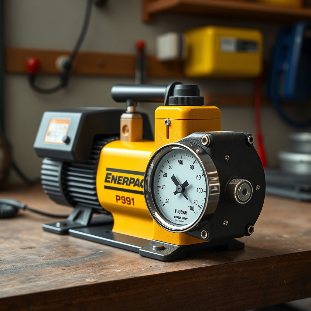 A clean photorealistic photo of the Enerpac P391 pump on a workbench with a pressure gauge