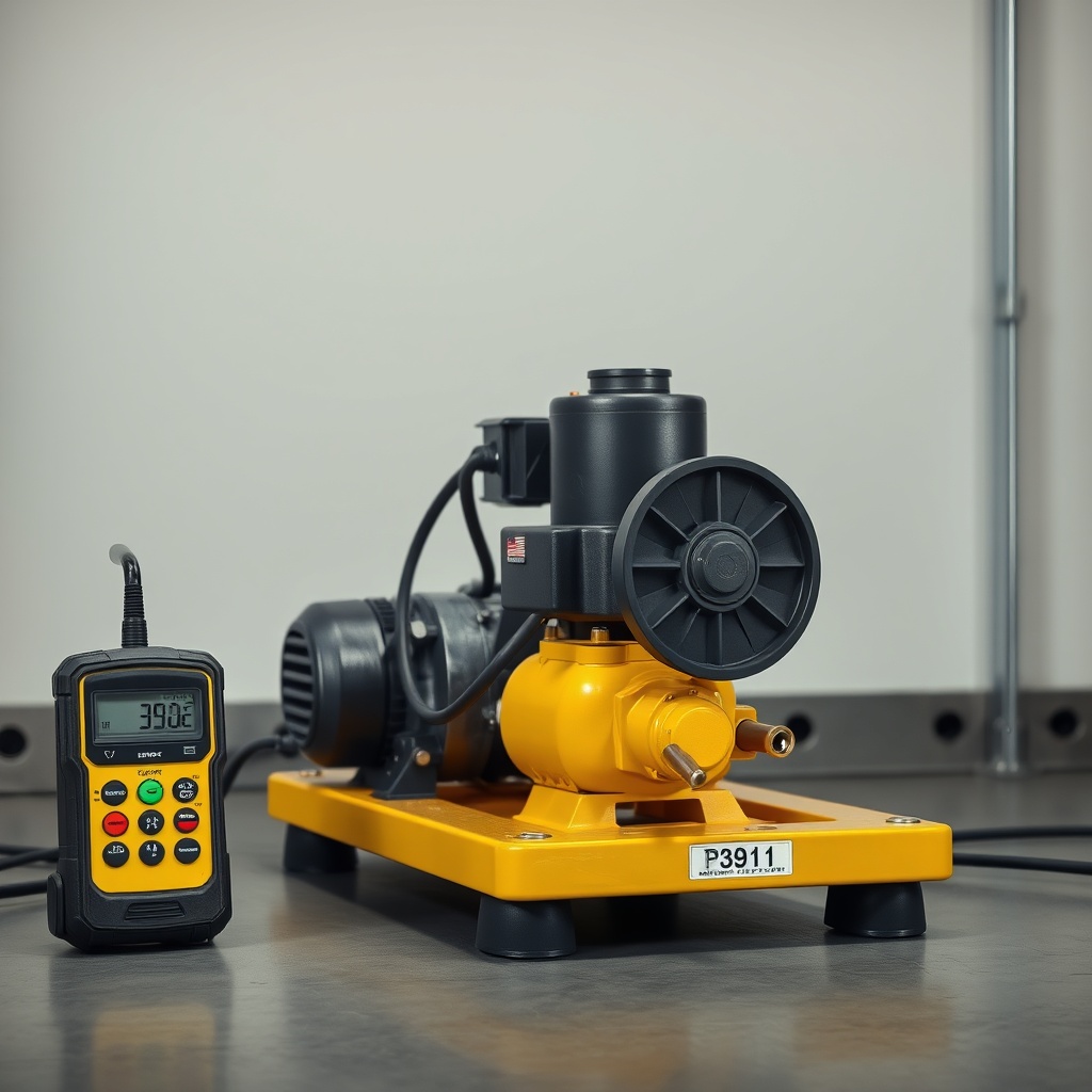 A clean photorealistic photo of an Enerpac P391 pump during a sound level test with a deci