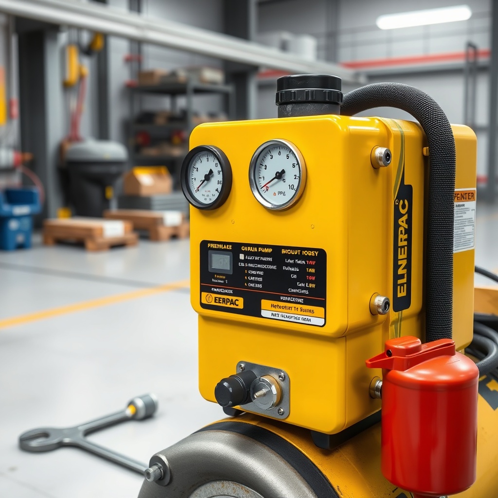 A photorealistic close-up photo of an Enerpac P391 pump’s control panel and pressure gauge