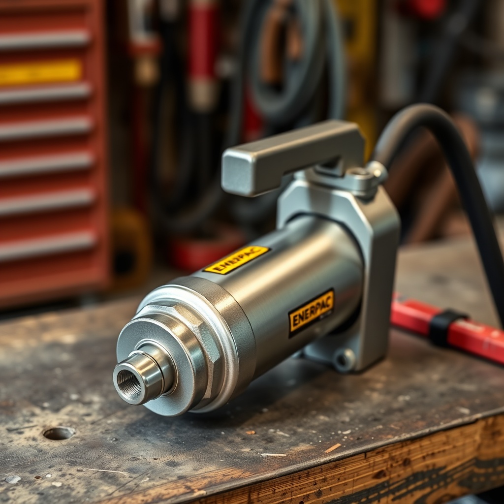 A close-up photorealistic photo of Enerpac P391 hydraulic hand pump on a workshop bench