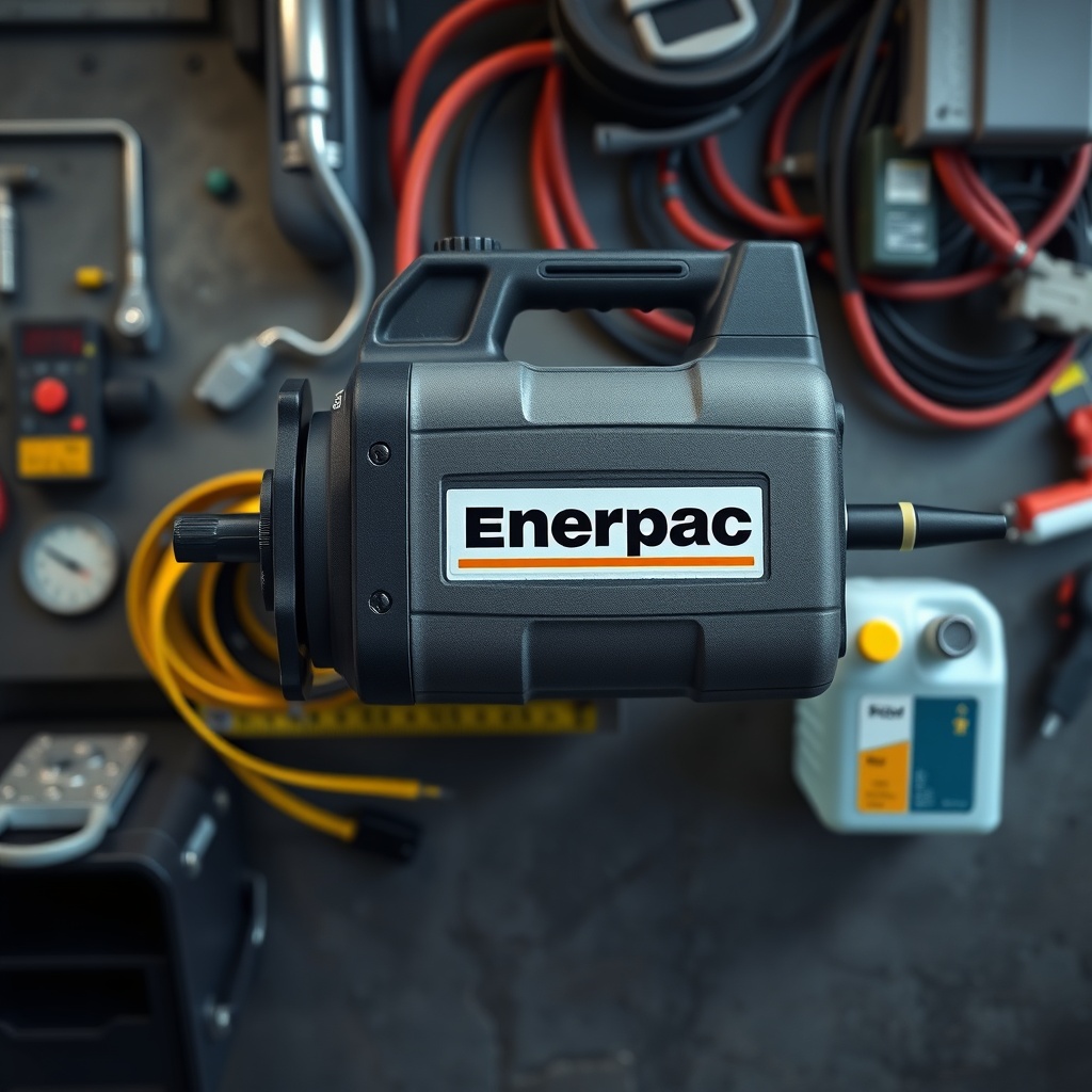 A photorealistic overhead shot of Enerpac P391 with measuring tape and oil container