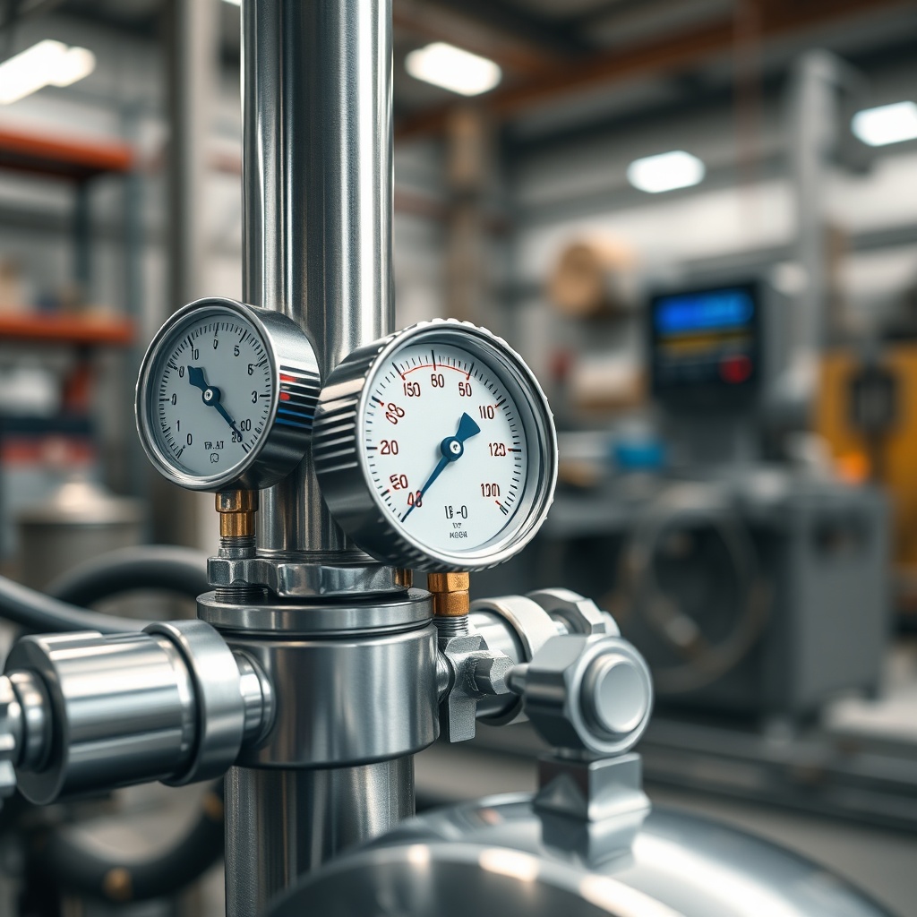 A photorealistic close-up of a hydraulic cylinder with pressure gauges and hoses connected