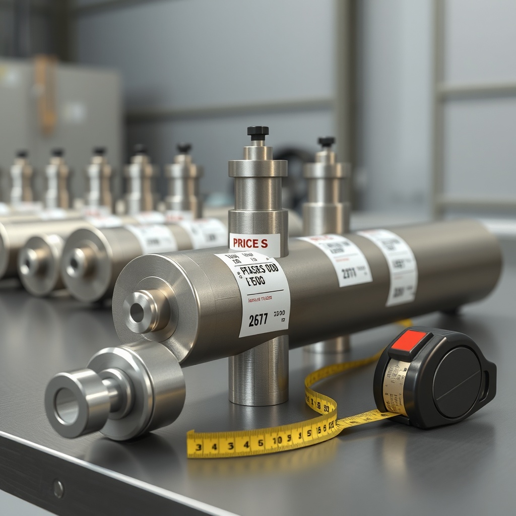 A generic hydraulic cylinder with price tags and a measuring tape on a table