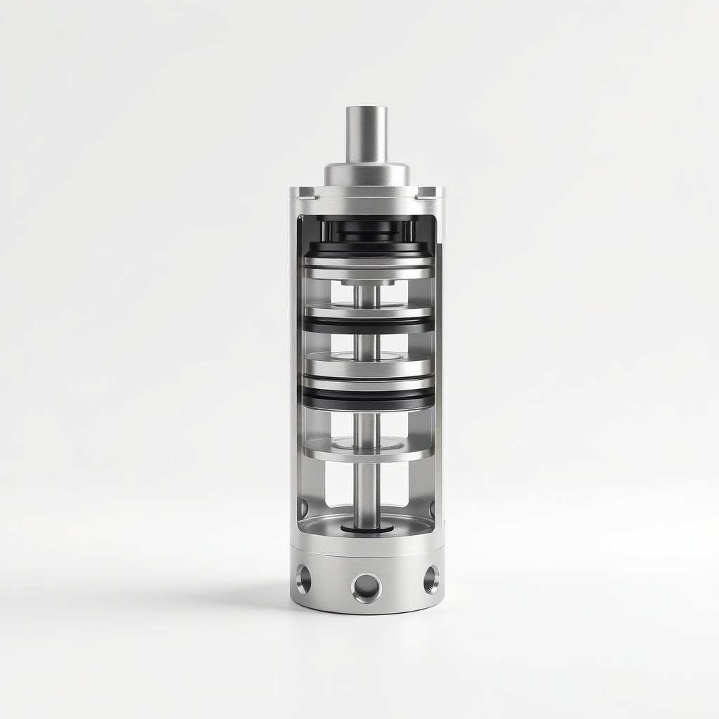 <clean photorealistic photo/illustration of a generic double-acting hydraulic cylinder cut