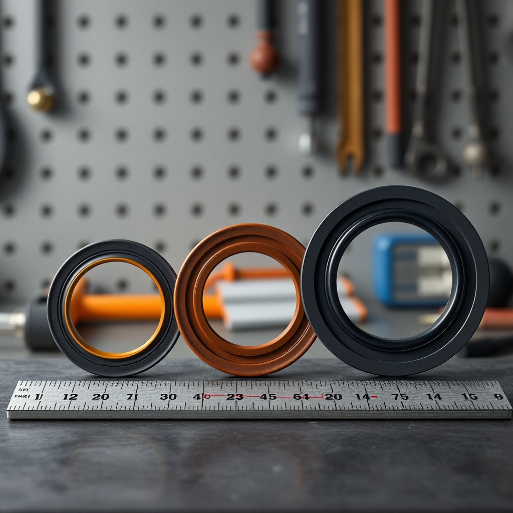 <clean photorealistic photo/illustration of three different hydraulic cylinder seal kits (