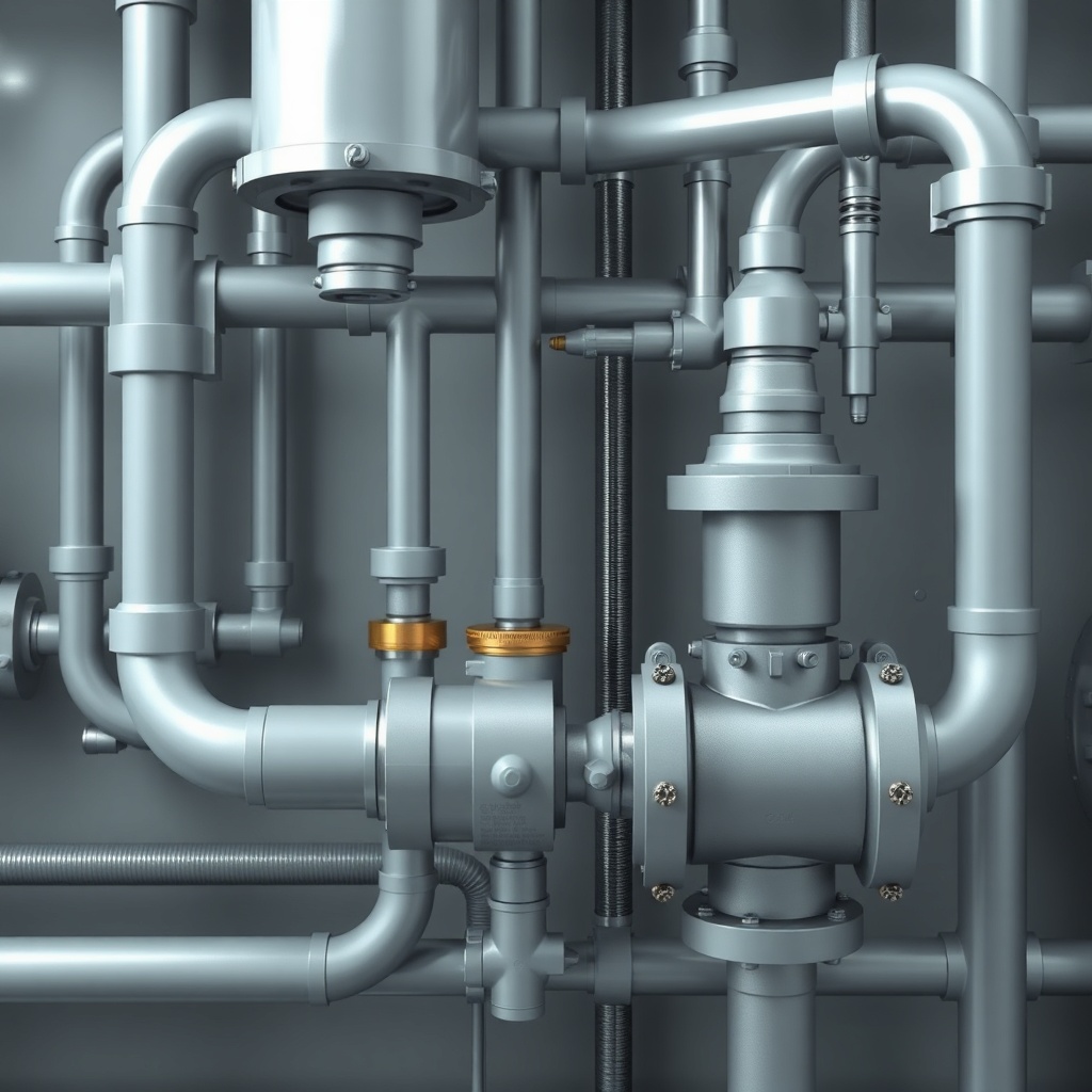 <clean photorealistic photo of hydraulic system with pipes and generic cylinder