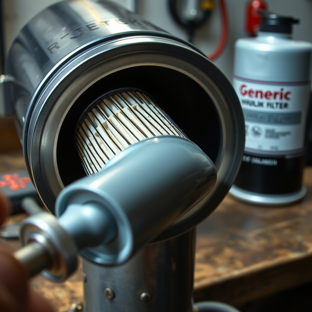 Close-up of a hydraulic filter cartridge being removed from a metal filter housing