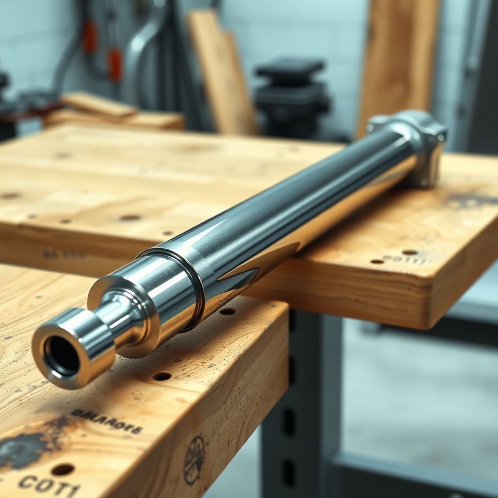 A clean photorealistic photo of a generic hydraulic cylinder resting on a wooden workbench
