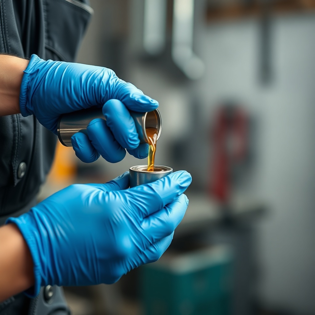 A clean photorealistic photo of a mechanic applying hydraulic oil to the piston rod of a g